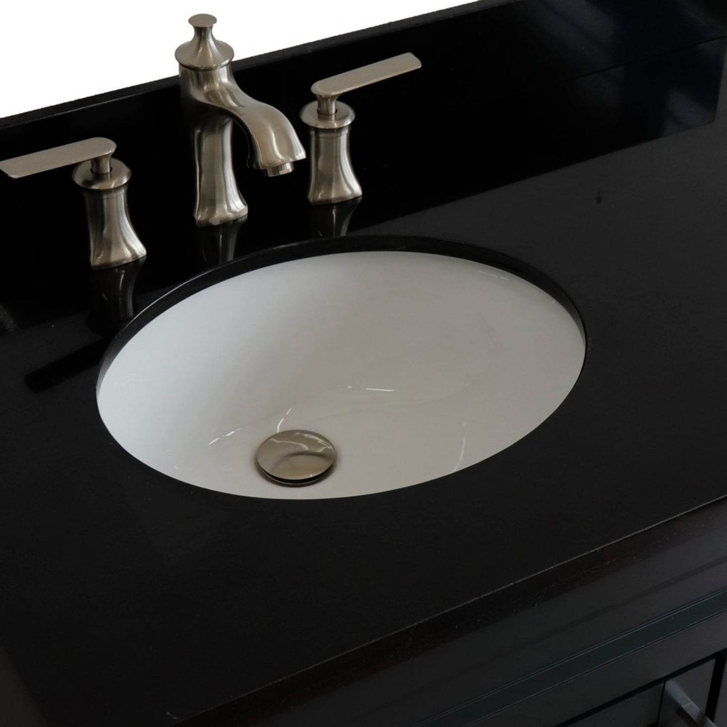 37" Single sink vanity in Dark Gray finish with Black galaxy granite and Left door/Left sink