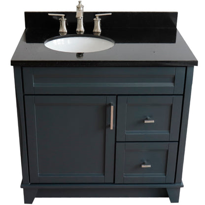 37" Single sink vanity in Dark Gray finish with Black galaxy granite and Left door/Left sink