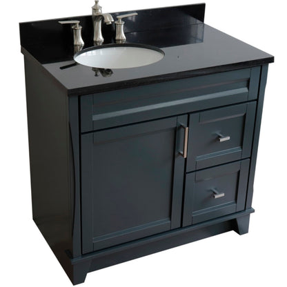 37" Single sink vanity in Dark Gray finish with Black galaxy granite and Left door/Left sink