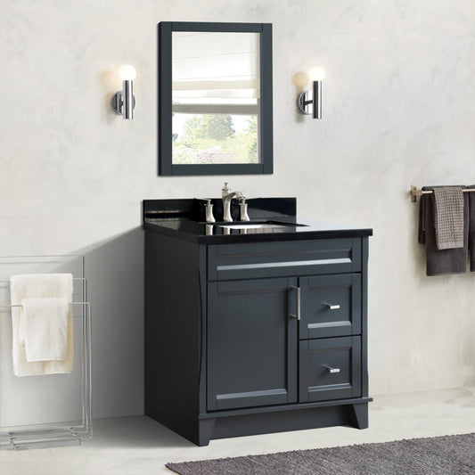 37" Single sink vanity in Dark Gray finish with Black galaxy granite and Left door/Center sink