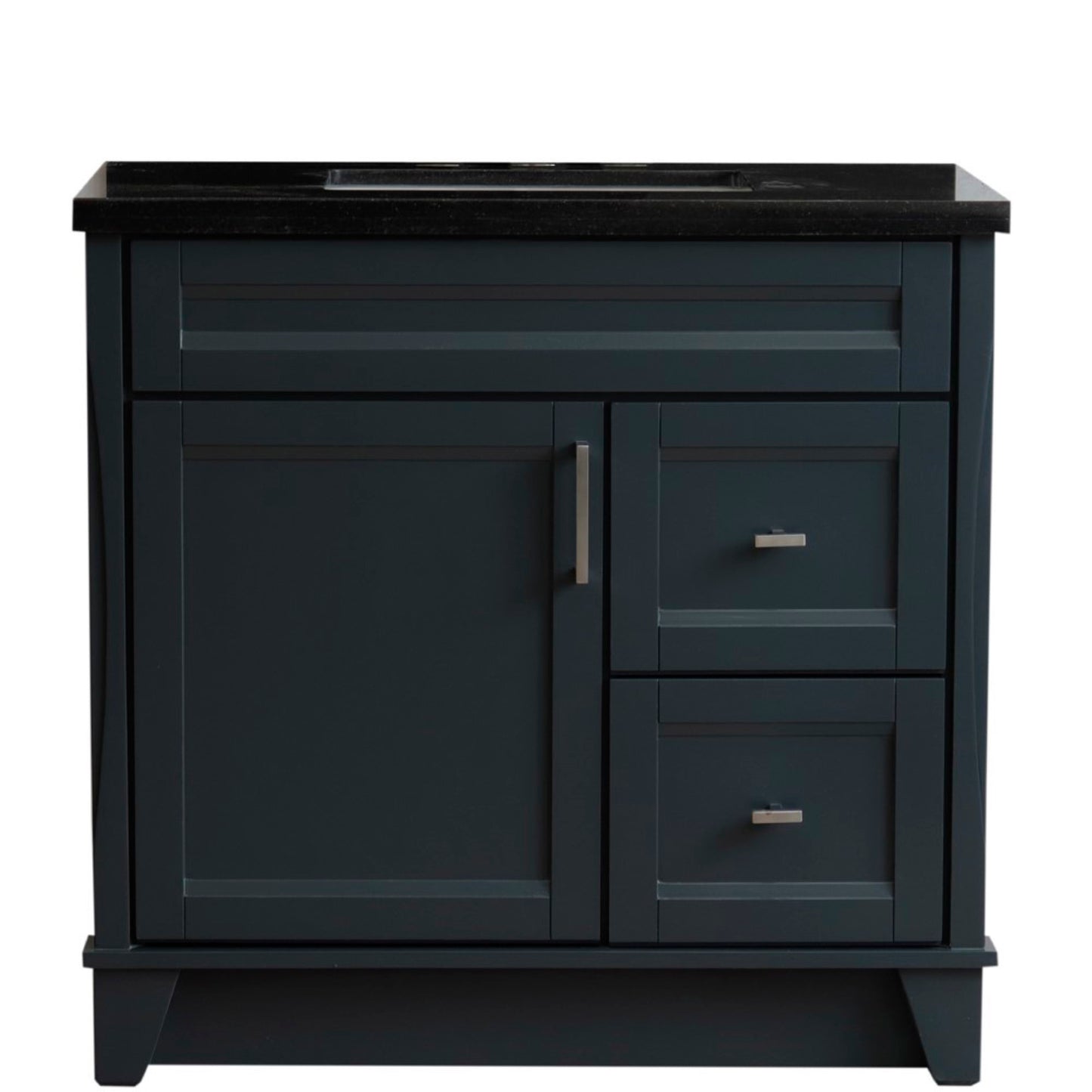 37" Single sink vanity in Dark Gray finish with Black galaxy granite and Left door/Center sink
