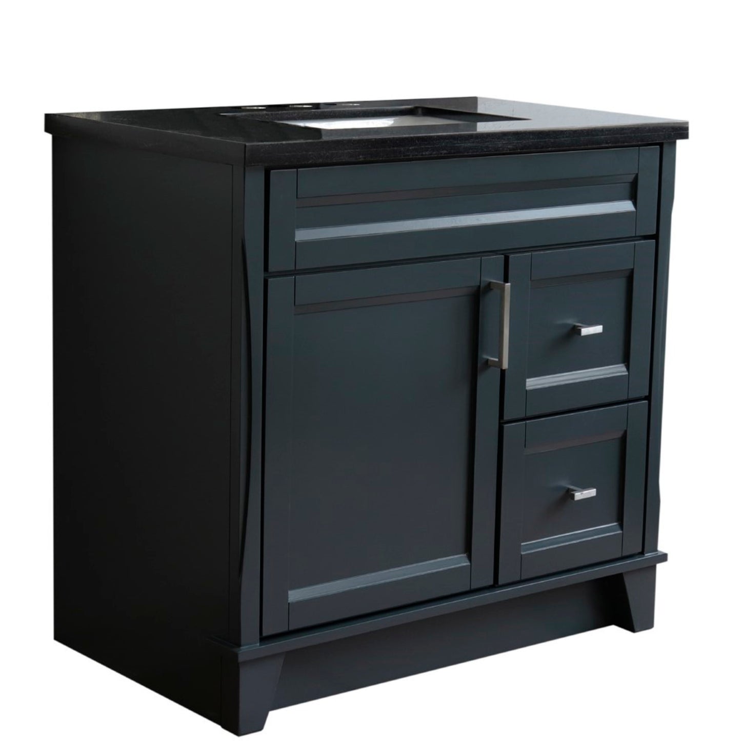 37" Single sink vanity in Dark Gray finish with Black galaxy granite and Left door/Center sink
