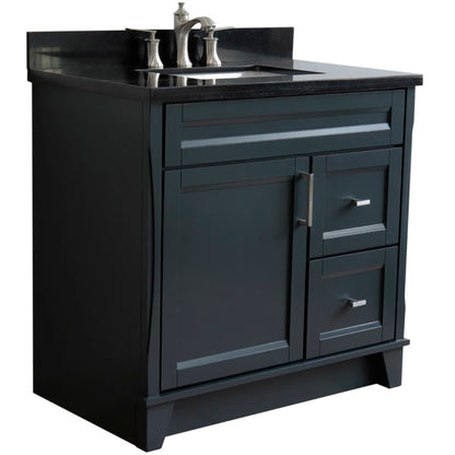 37" Single sink vanity in Dark Gray finish with Black galaxy granite and Left door/Center sink
