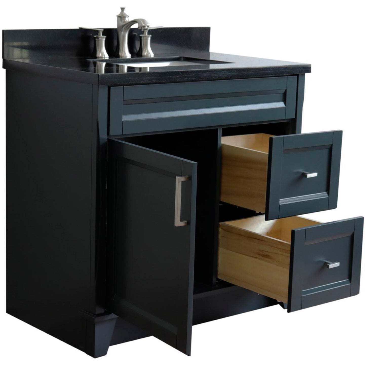 37" Single sink vanity in Dark Gray finish with Black galaxy granite and Left door/Center sink
