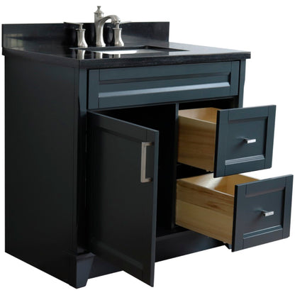 37" Single sink vanity in Dark Gray finish with Black galaxy granite and Left door/Center sink