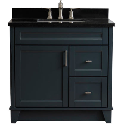 37" Single sink vanity in Dark Gray finish with Black galaxy granite and Left door/Center sink