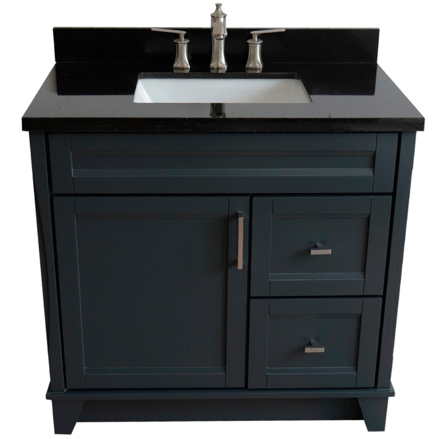 37" Single sink vanity in Dark Gray finish with Black galaxy granite and Left door/Center sink