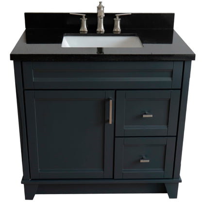 37" Single sink vanity in Dark Gray finish with Black galaxy granite and Left door/Center sink