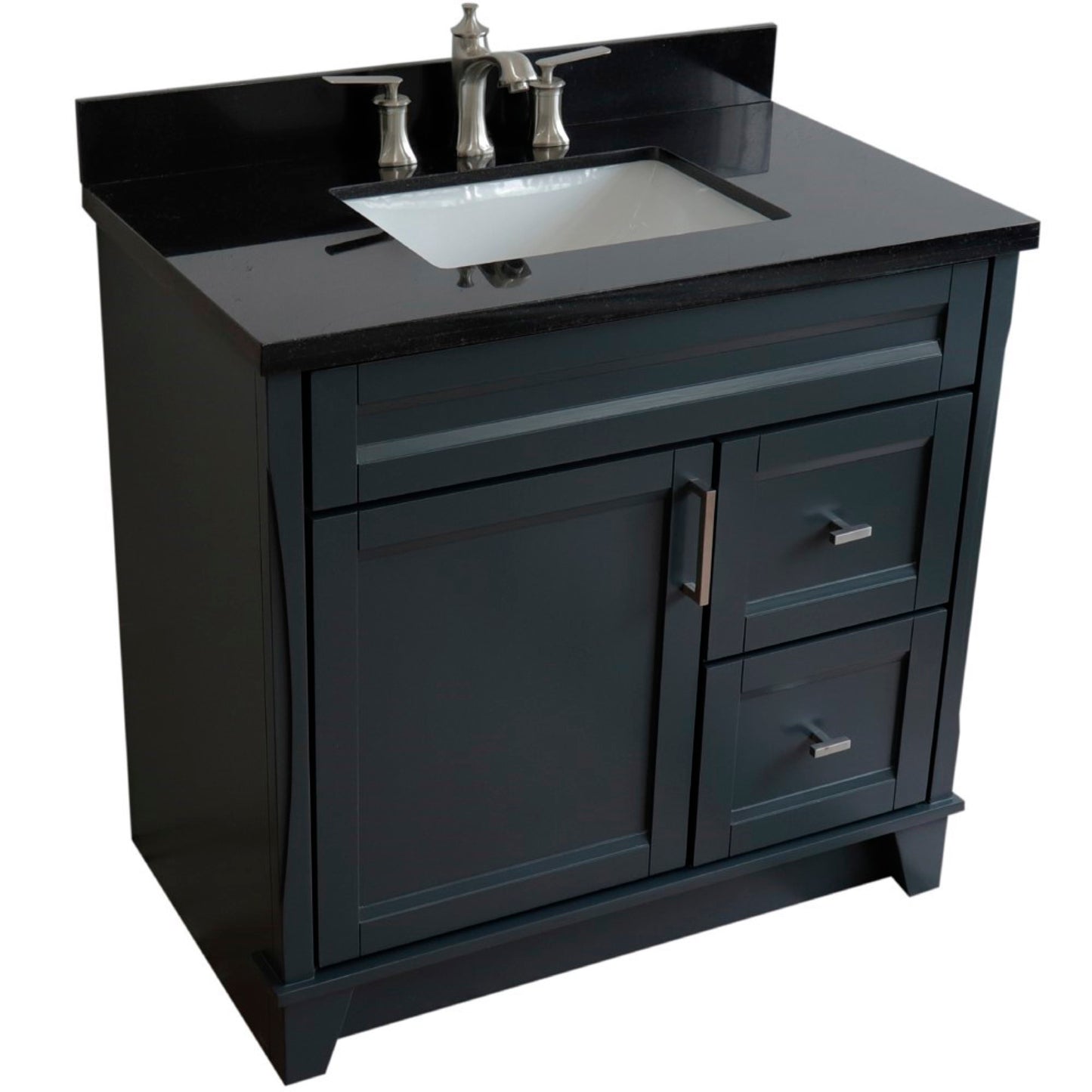 37" Single sink vanity in Dark Gray finish with Black galaxy granite and Left door/Center sink