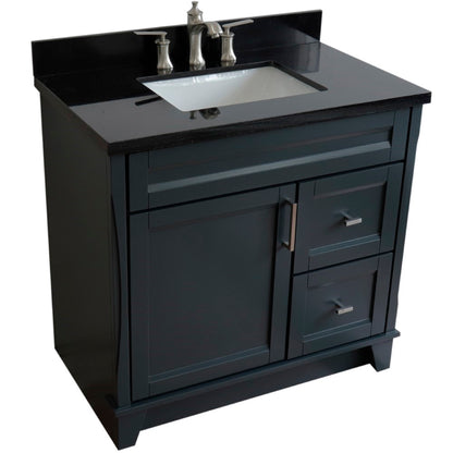37" Single sink vanity in Dark Gray finish with Black galaxy granite and Left door/Center sink