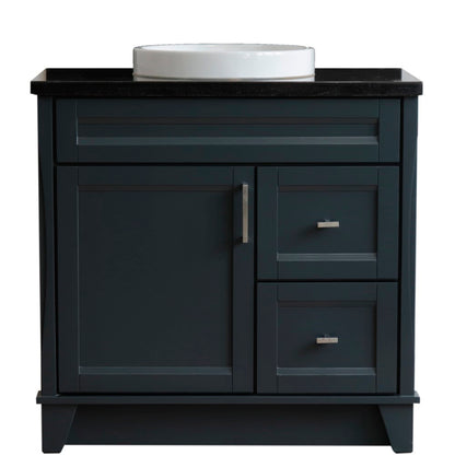37" Single sink vanity in Dark Gray finish with Black galaxy granite and Left door/Round Center sink