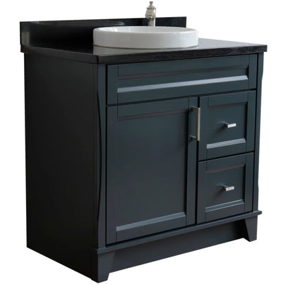 37" Single sink vanity in Dark Gray finish with Black galaxy granite and Left door/Round Center sink