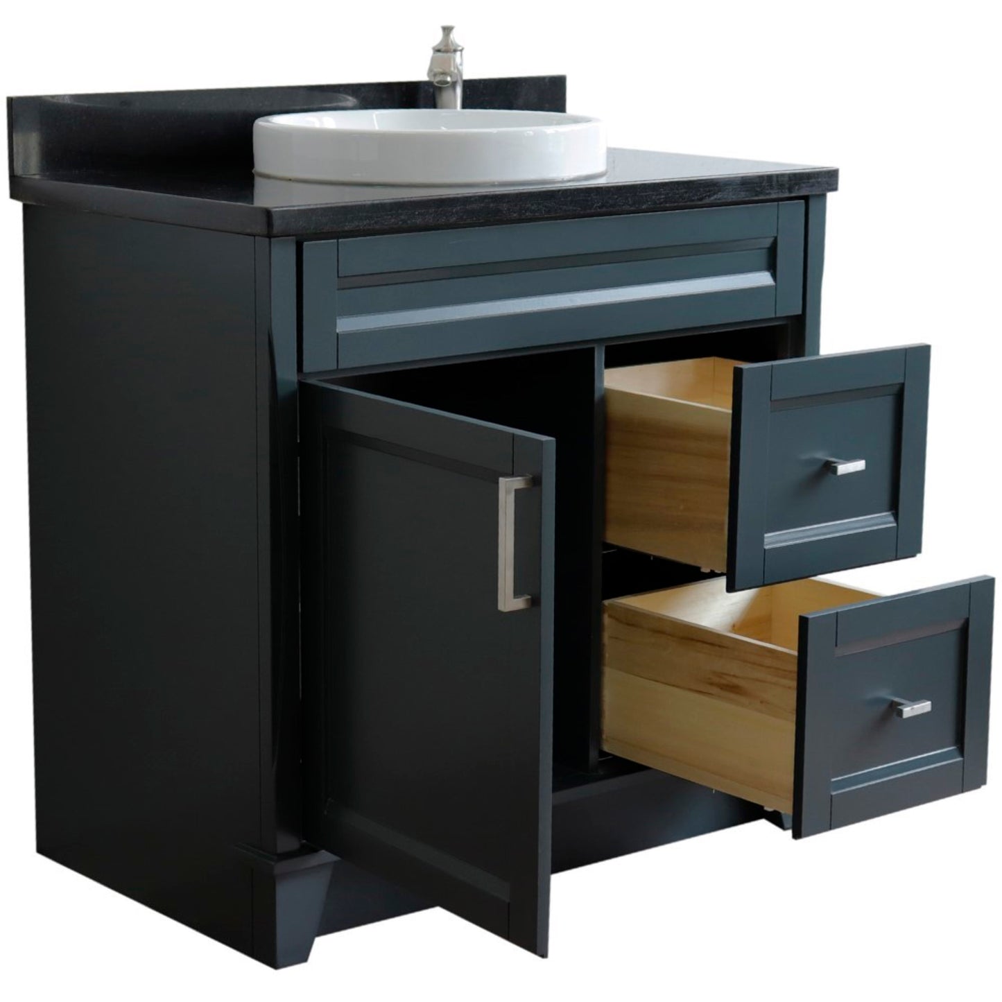 37" Single sink vanity in Dark Gray finish with Black galaxy granite and Left door/Round Center sink