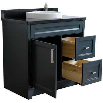 37" Single sink vanity in Dark Gray finish with Black galaxy granite and Left door/Round Center sink