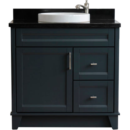 37" Single sink vanity in Dark Gray finish with Black galaxy granite and Left door/Round Center sink