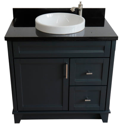 37" Single sink vanity in Dark Gray finish with Black galaxy granite and Left door/Round Center sink