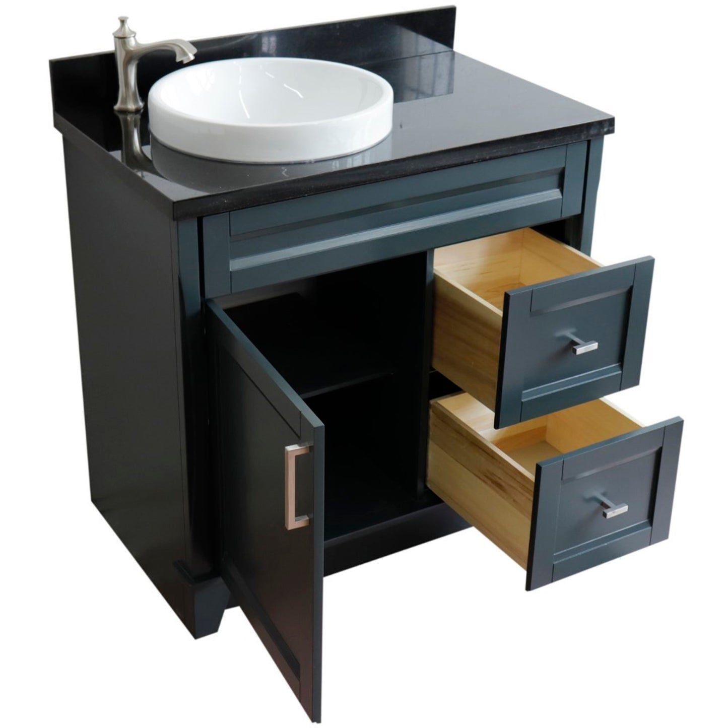 37" Single sink vanity in Dark Gray finish with Black galaxy granite and Left door/Round Left sink