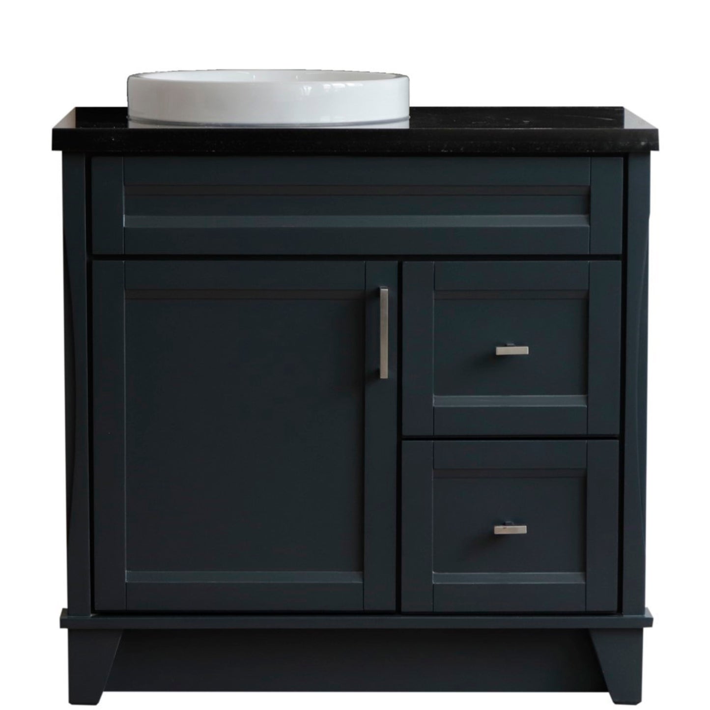 37" Single sink vanity in Dark Gray finish with Black galaxy granite and Left door/Round Left sink
