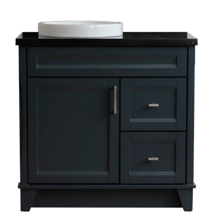 37" Single sink vanity in Dark Gray finish with Black galaxy granite and Left door/Round Left sink