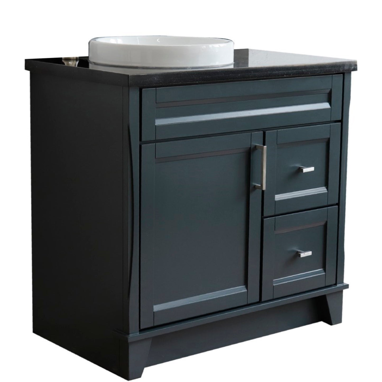 37" Single sink vanity in Dark Gray finish with Black galaxy granite and Left door/Round Left sink