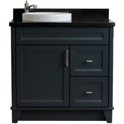 37" Single sink vanity in Dark Gray finish with Black galaxy granite and Left door/Round Left sink