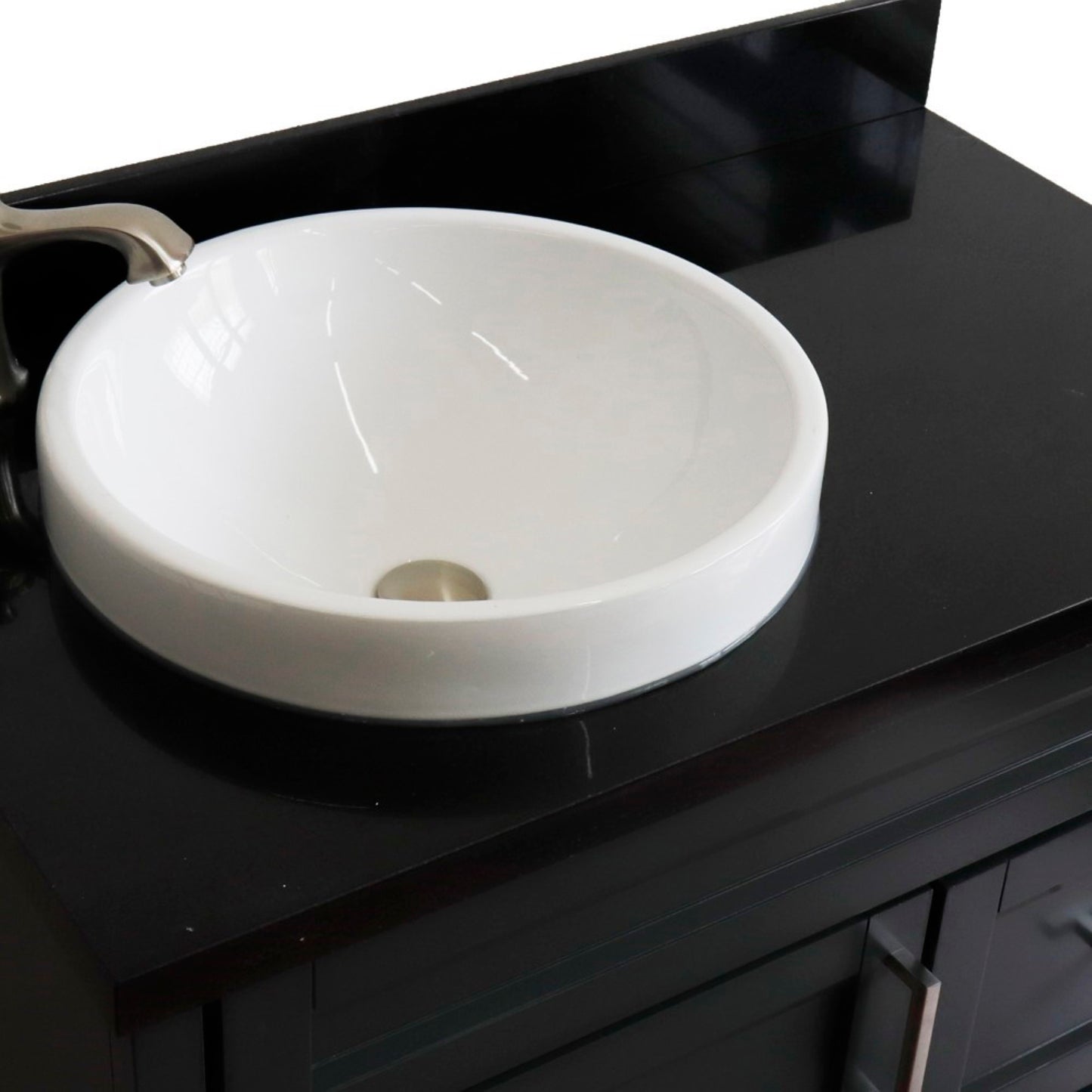 37" Single sink vanity in Dark Gray finish with Black galaxy granite and Left door/Round Left sink