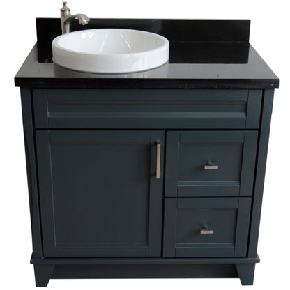 37" Single sink vanity in Dark Gray finish with Black galaxy granite and Left door/Round Left sink