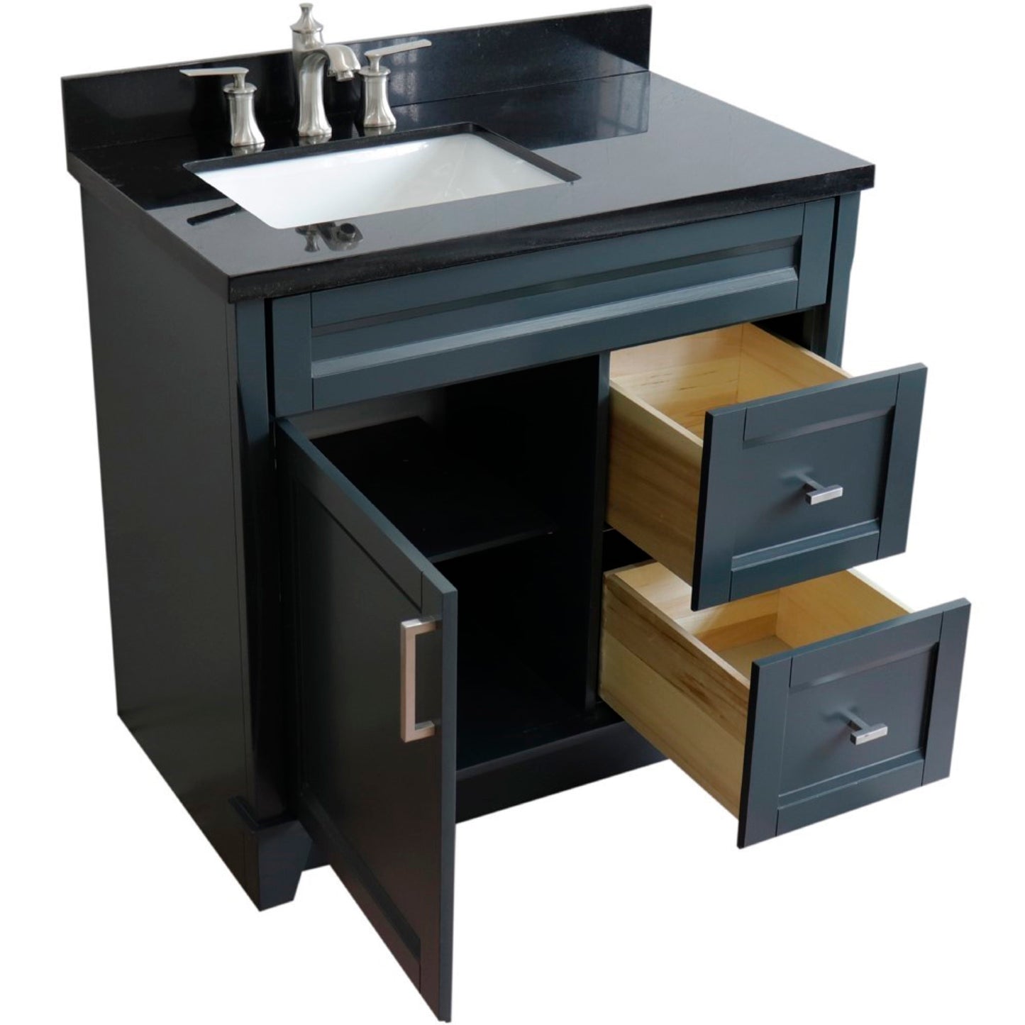 37" Single sink vanity in Dark Gray finish with Black galaxy granite and Left door/Left sink
