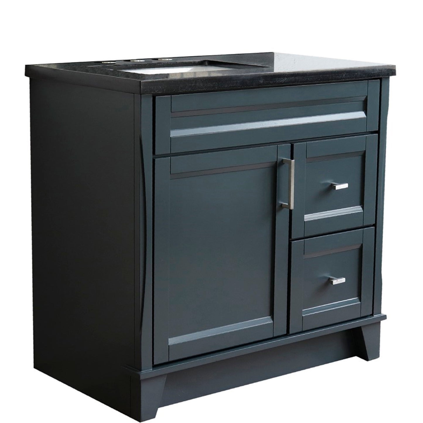 37" Single sink vanity in Dark Gray finish with Black galaxy granite and Left door/Left sink