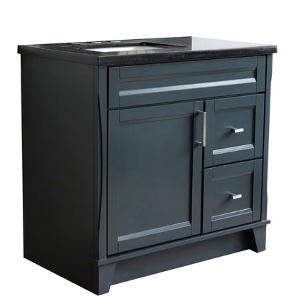 37" Single sink vanity in Dark Gray finish with Black galaxy granite and Left door/Left sink