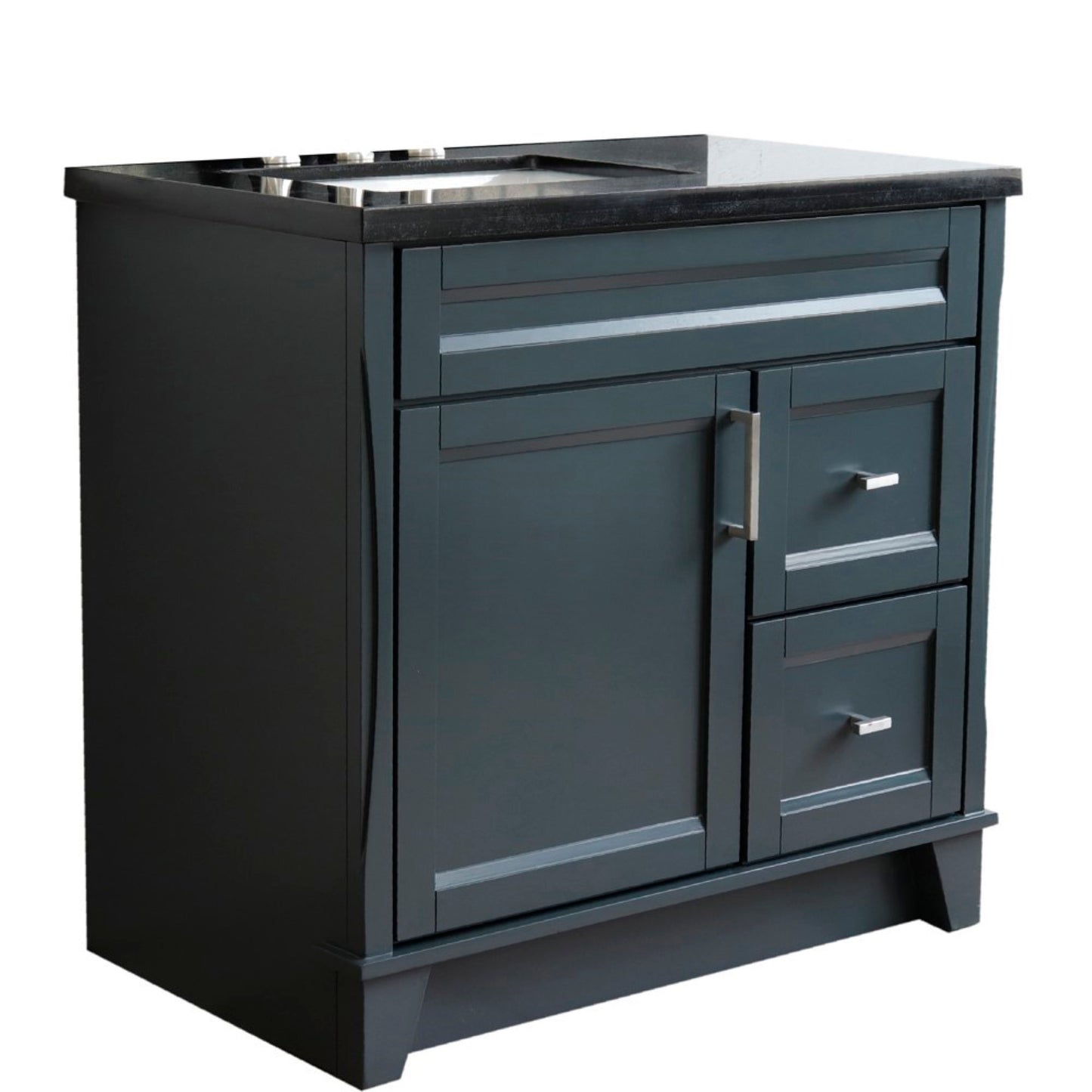 37" Single sink vanity in Dark Gray finish with Black galaxy granite and Left door/Left sink