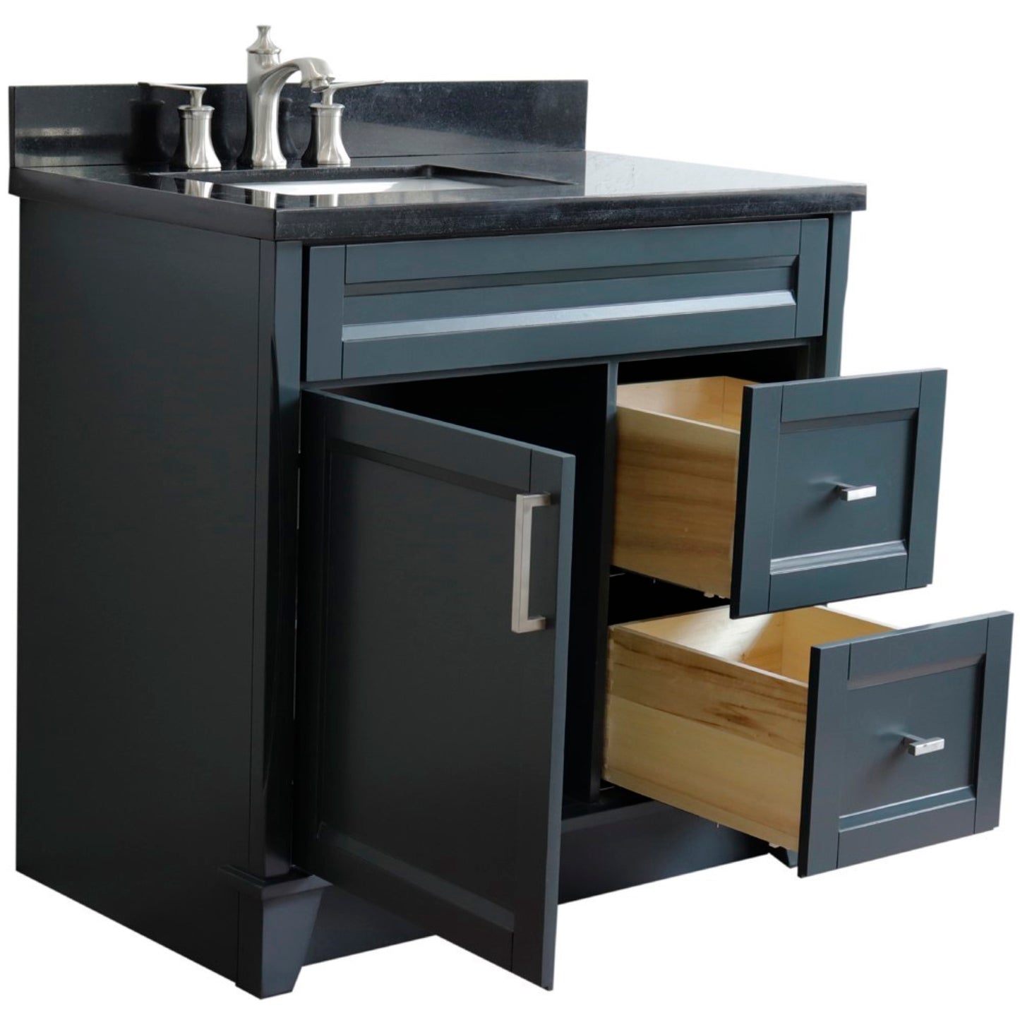 37" Single sink vanity in Dark Gray finish with Black galaxy granite and Left door/Left sink