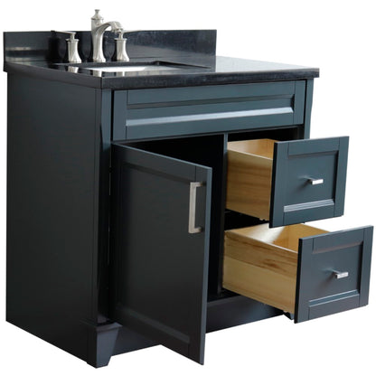 37" Single sink vanity in Dark Gray finish with Black galaxy granite and Left door/Left sink