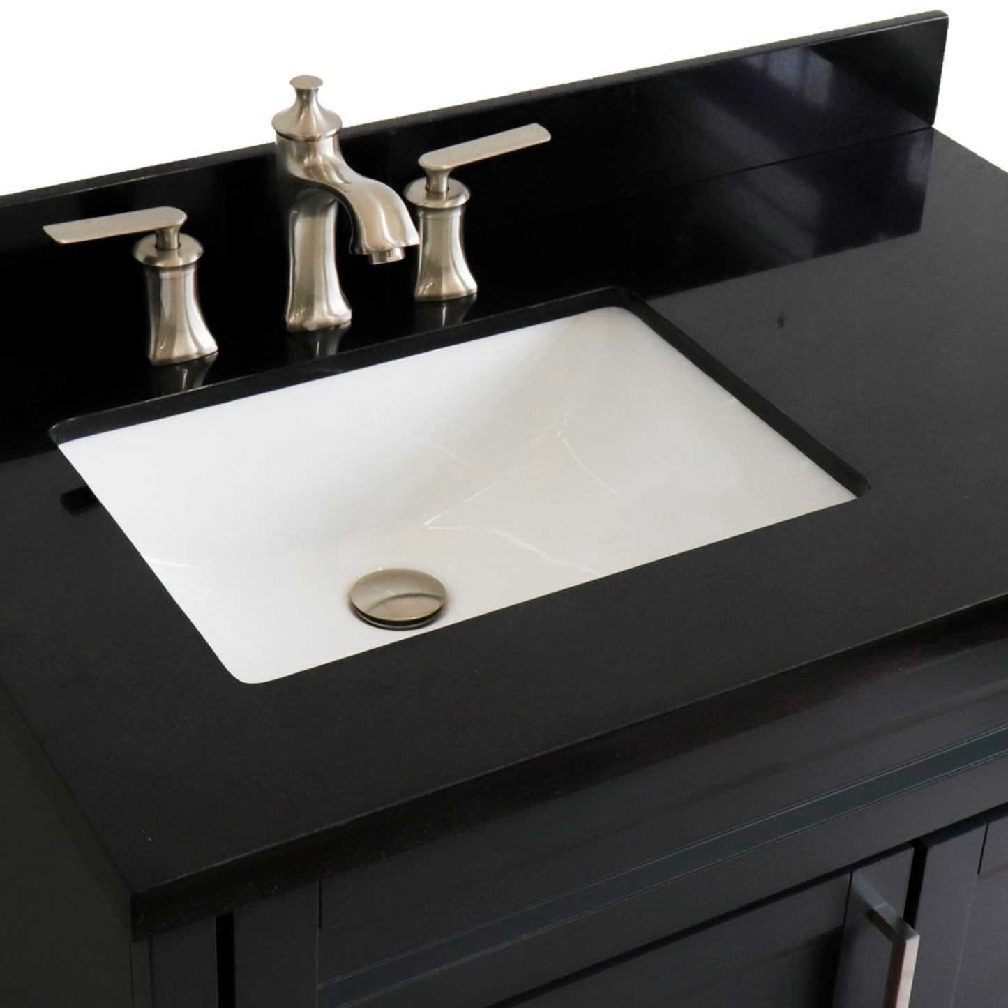 37" Single sink vanity in Dark Gray finish with Black galaxy granite and Left door/Left sink