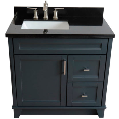 37" Single sink vanity in Dark Gray finish with Black galaxy granite and Left door/Left sink