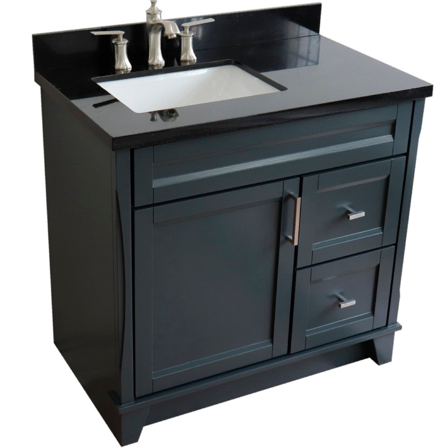 37" Single sink vanity in Dark Gray finish with Black galaxy granite and Left door/Left sink
