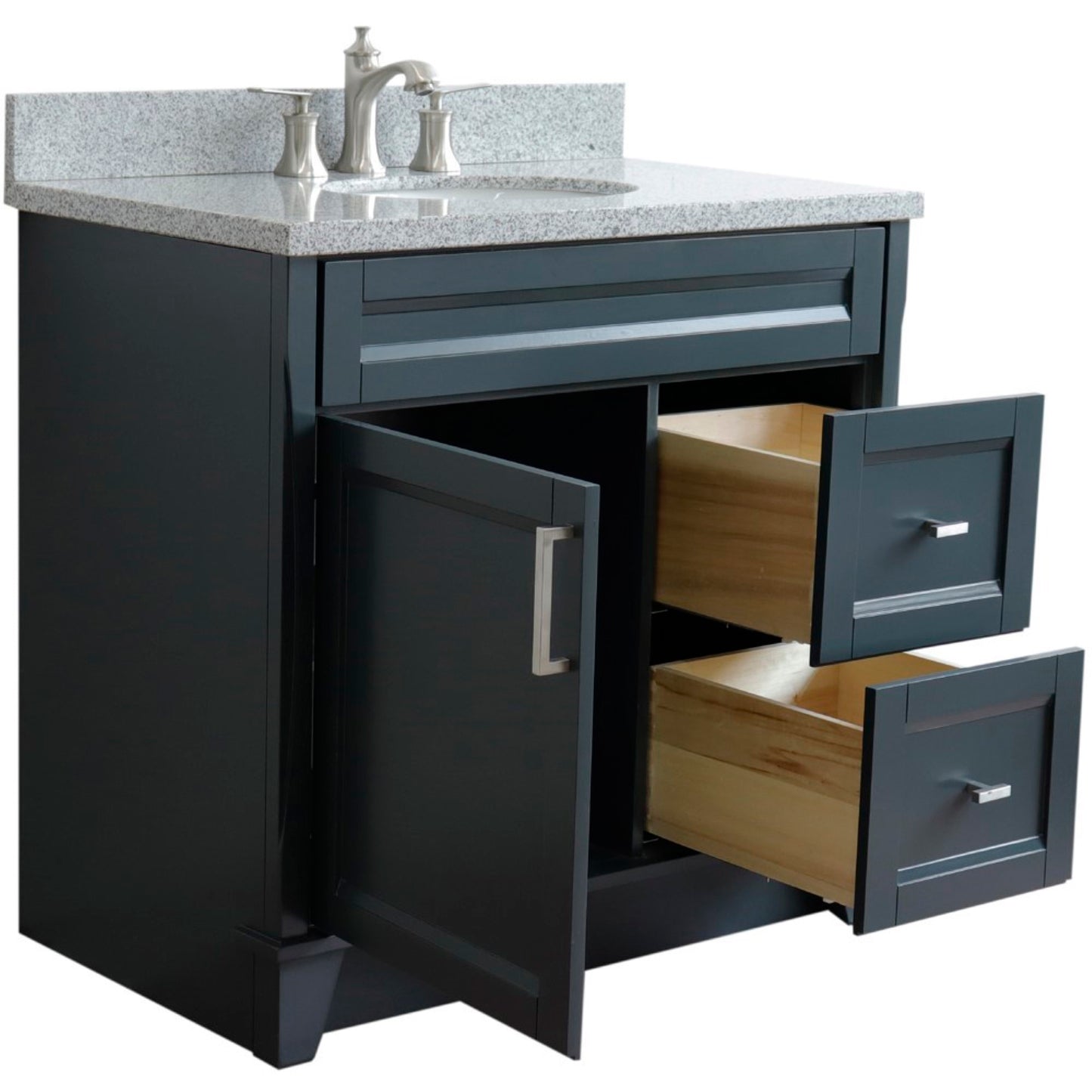 37" Single sink vanity in Dark Gray finish with Gray granite and Left door/Center sink