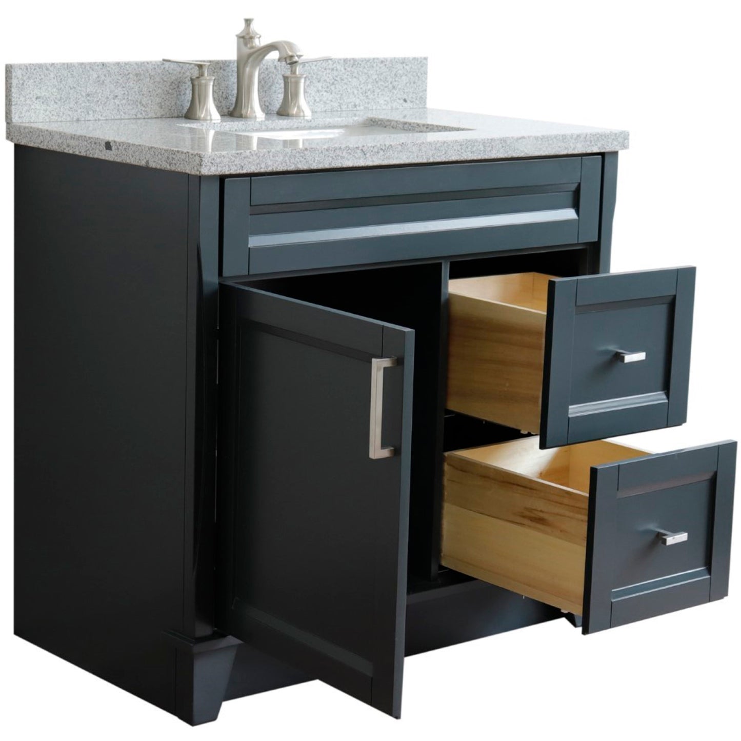 37" Single sink vanity in Dark Gray finish with Gray granite and Left door/Center sink