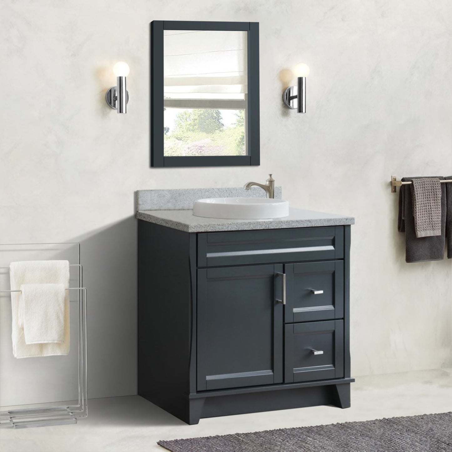 37" Single sink vanity in Dark Gray finish with Gray granite and Left door/Round Center sink