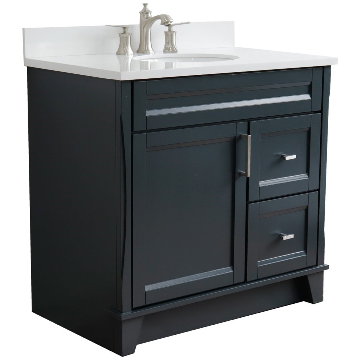37" Single sink vanity in Dark Gray finish with White engineered stone and Left door/Center sink