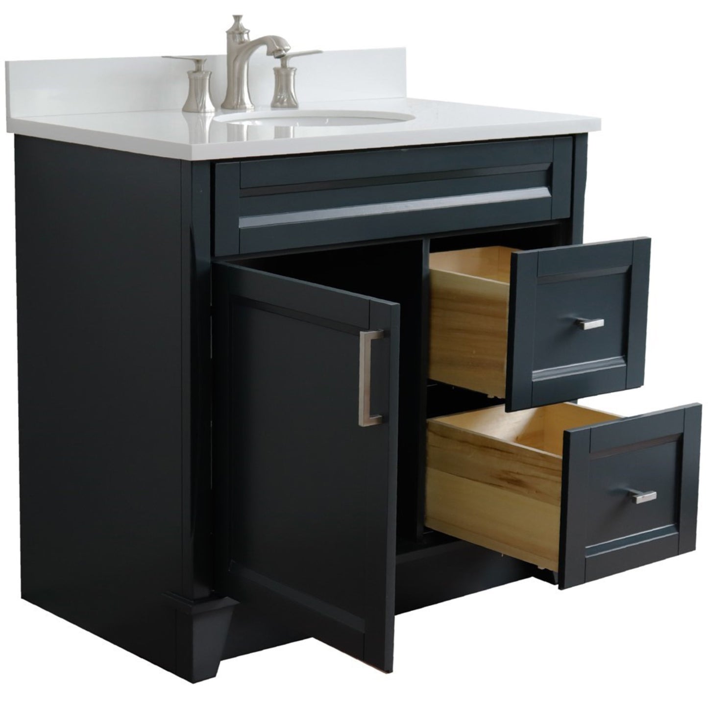 37" Single sink vanity in Dark Gray finish with White engineered stone and Left door/Center sink