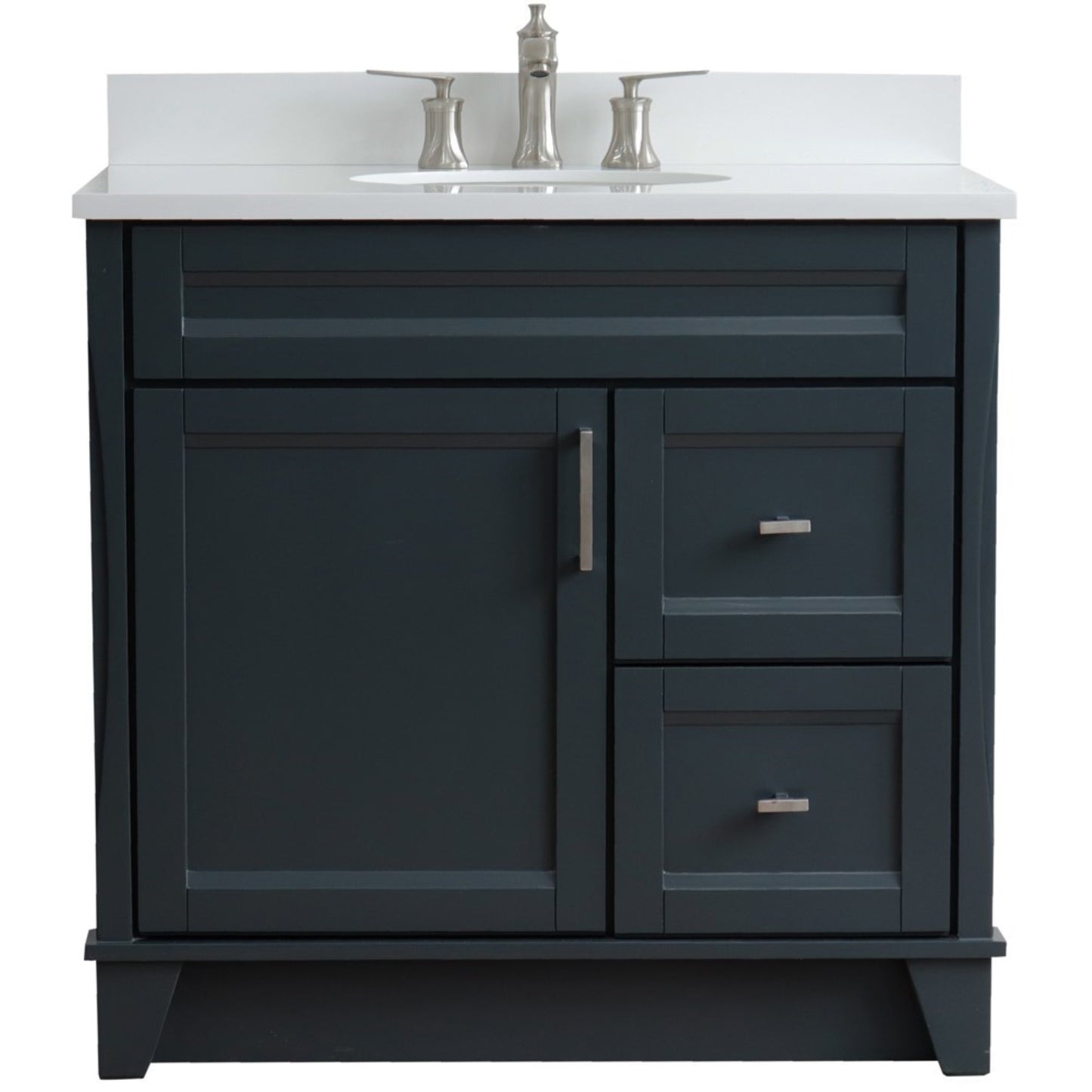 37" Single sink vanity in Dark Gray finish with White engineered stone and Left door/Center sink