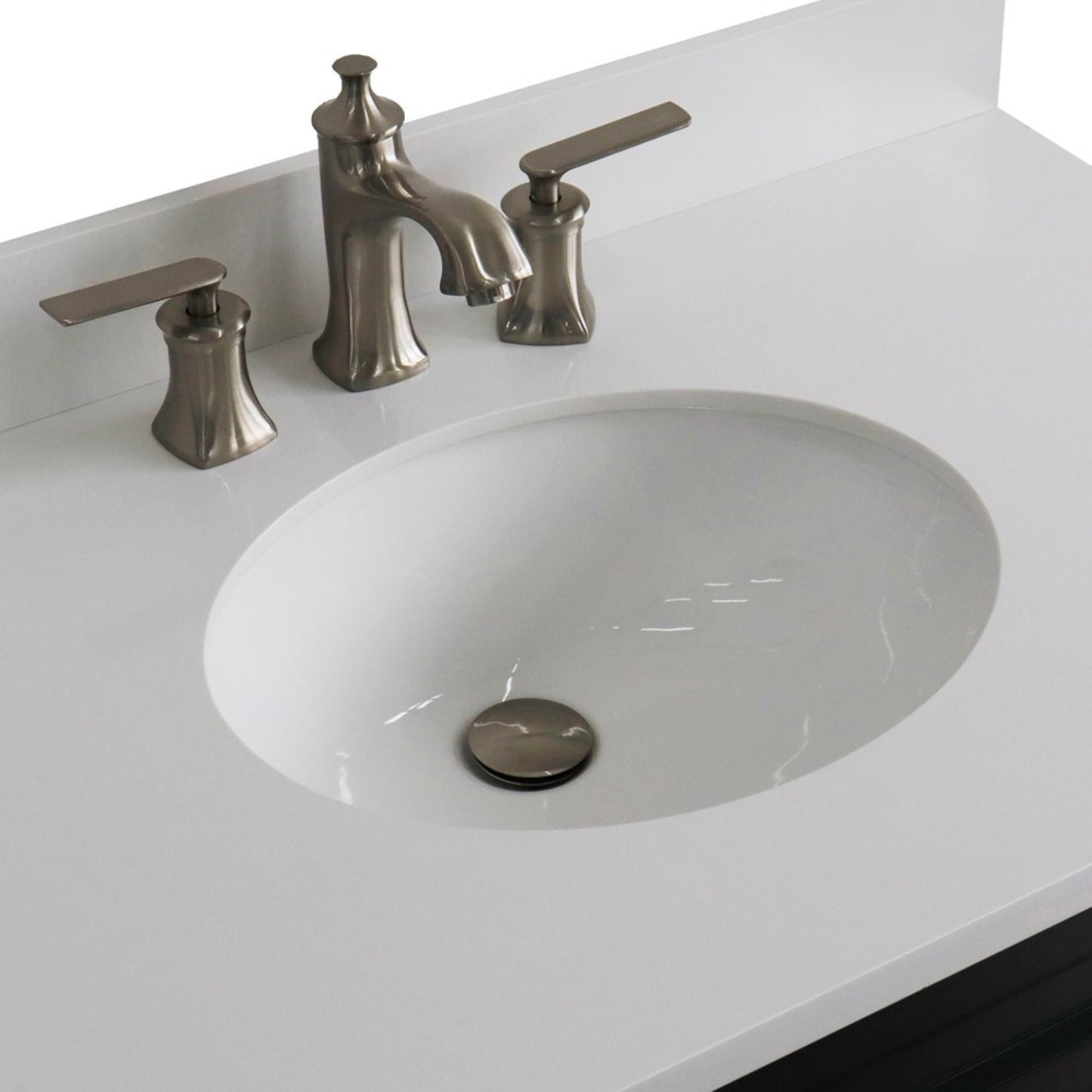 37" Single sink vanity in Dark Gray finish with White engineered stone and Left door/Center sink