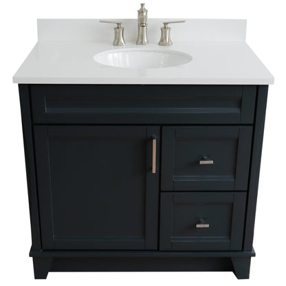 37" Single sink vanity in Dark Gray finish with White engineered stone and Left door/Center sink