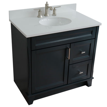37" Single sink vanity in Dark Gray finish with White engineered stone and Left door/Center sink