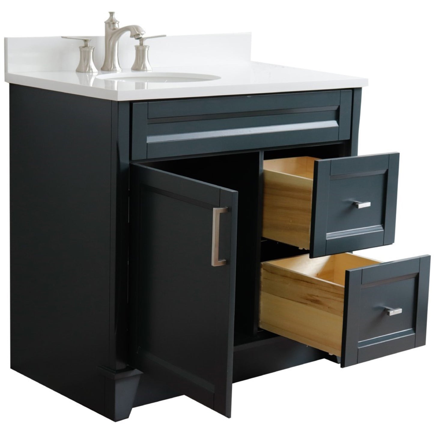 37" Single sink vanity in Dark Gray finish with White engineered stone and Left door/Left sink
