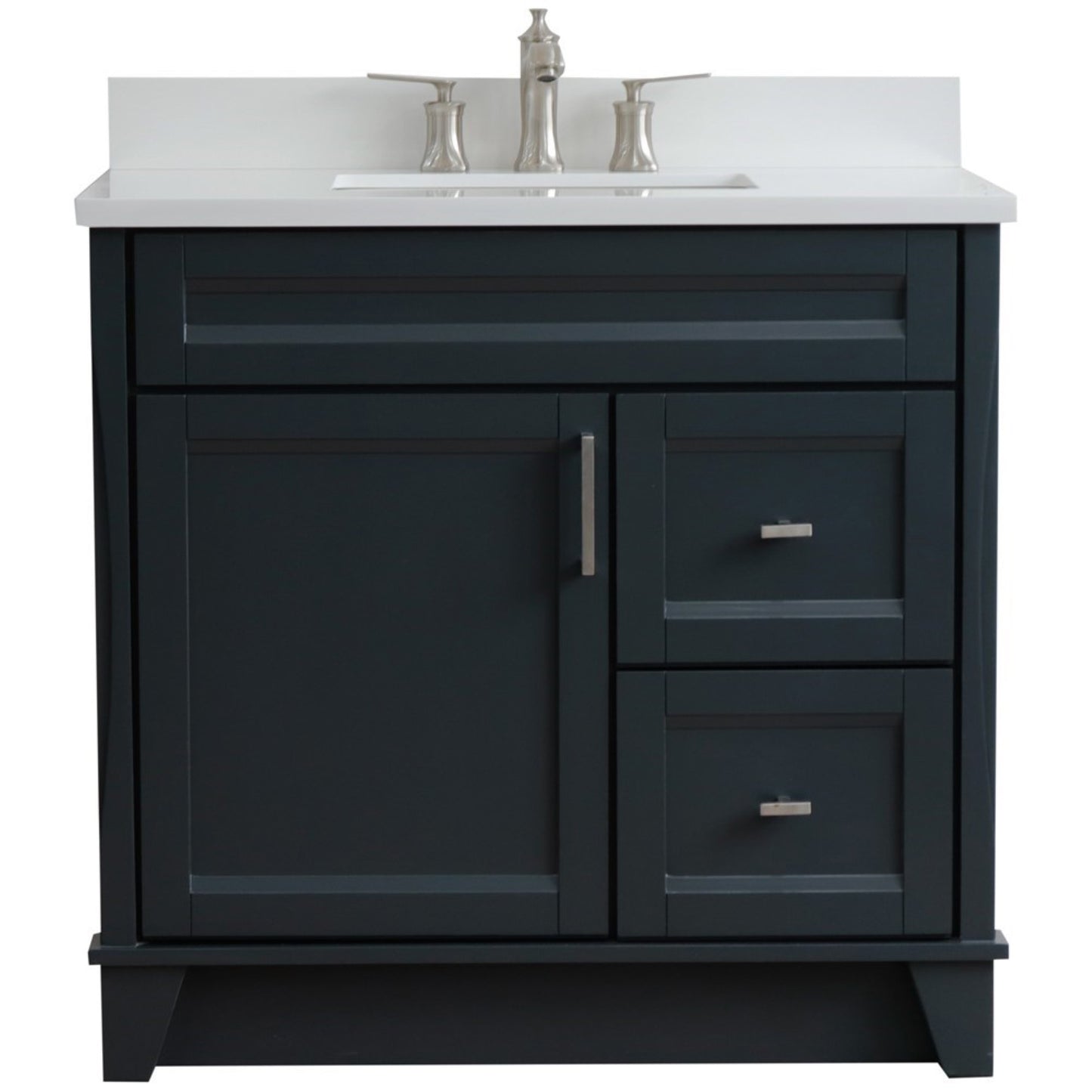 37" Single sink vanity in Dark Gray finish with White engineered stone and Left door/Center sink