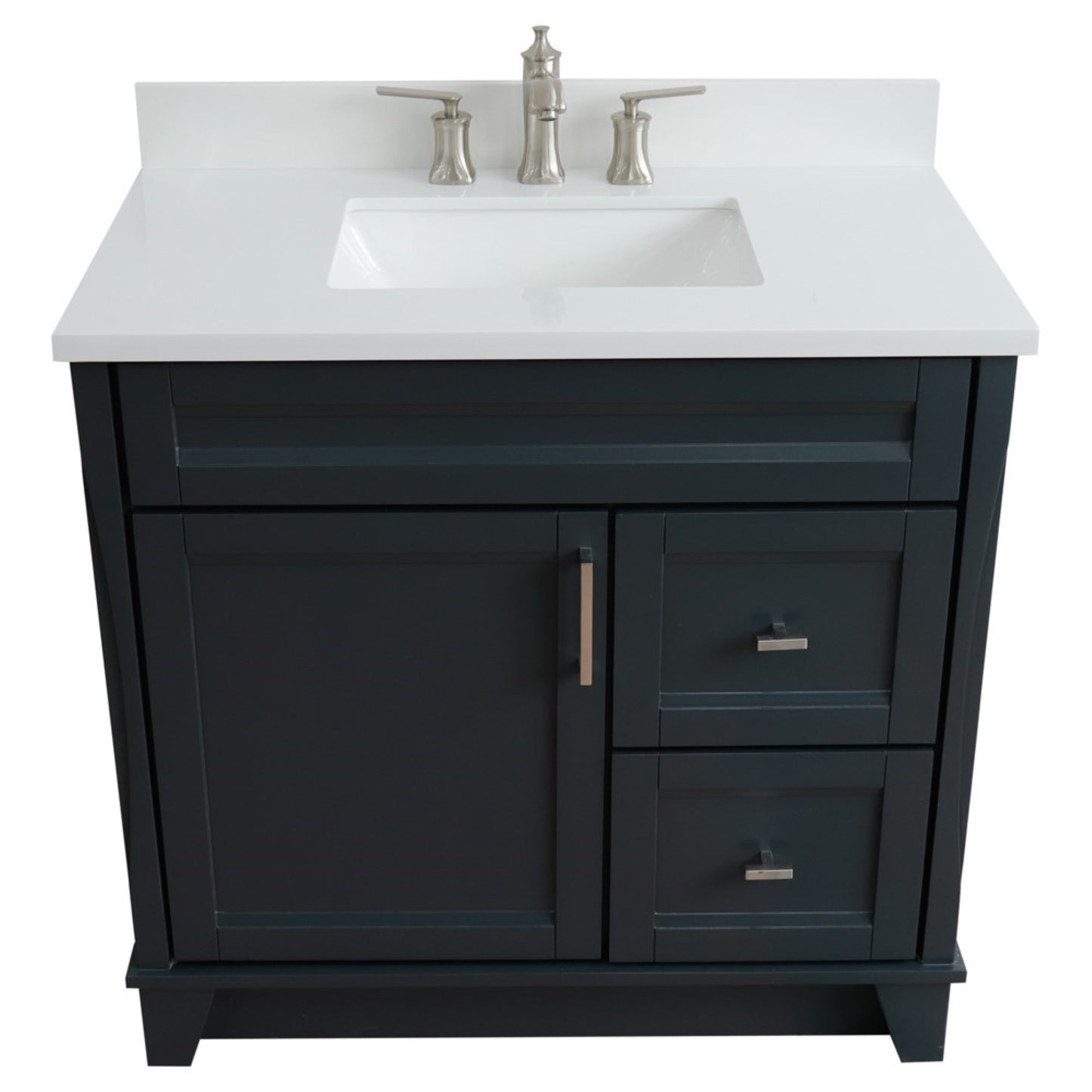 37" Single sink vanity in Dark Gray finish with White engineered stone and Left door/Center sink