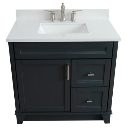 37" Single sink vanity in Dark Gray finish with White engineered stone and Left door/Center sink