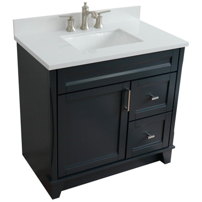 37" Single sink vanity in Dark Gray finish with White engineered stone and Left door/Center sink